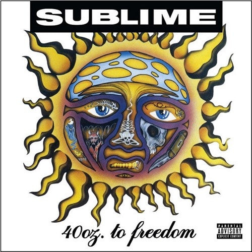 Album cover art for Sublime - 40oz To Freedom featuring a graphical representation of a sun with human-like face and text '400g to freedom'.