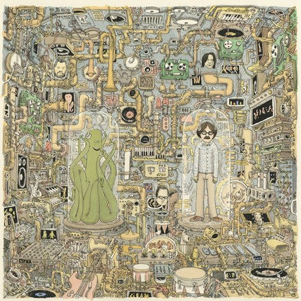 A comic book style illustration featuring two characters, with various musical instruments and technology-related items around them, suggesting a concept album cover for Weezer - Ok Human LP.
