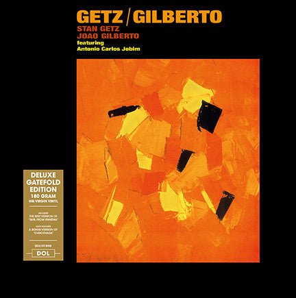 Gatefold reissue of 'Stan Getz/Joao Gilberto' album with a cover featuring abstract art in orange, black, and yellow tones.