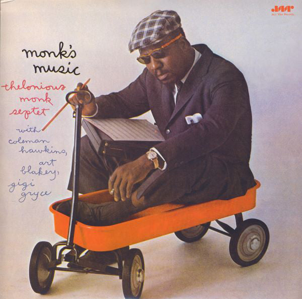 The cover image shows a man, Thelonious Monk, seated in an orange wagon with a hat on his head and a book in his lap. The text on the image indicates the album title 'Monk's Music' and mentions the artist's name and some track names.