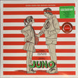 Record cover for 'Juno (Music From The Motion Picture) LP' featuring an illustration of two teenagers, a boy and a girl, standing close to each other with a backdrop of red and white stripes. The name 'Juno' is prominently displayed in the center in a large, green font.