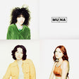 Three different images of three individuals who are part of the band MUNA. They are shown wearing various outfits, including a green sweater, a yellow shirt, and an orange swimsuit, against a white background with the MUNA logo at the top.