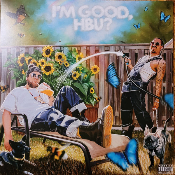 Album cover for Snotty Nose Rez Kids - I'm Good, Hbu? LP featuring a blue vinyl record. The cover has an illustration of two individuals, a sunflower field, butterflies, and a dog.