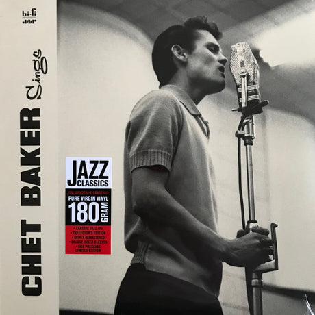 Black and white album cover of Chet Baker with a microphone, indicating it's a jazz record.