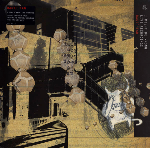 Album cover art for Radiohead's I Might Be Wrong LP featuring a stylized illustration with geometric shapes, a clock, and a character's face.