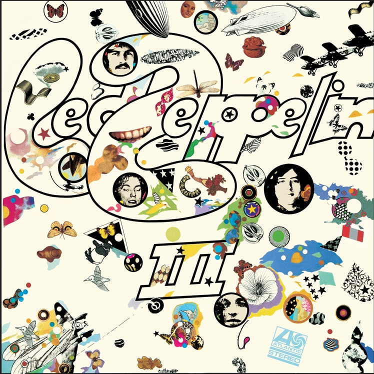 The image features the cover art for the Led Zeppelin III LP, which includes various colorful and artistic symbols and images related to the band.