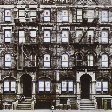 The album cover of Led Zeppelin's 'Physical Graffiti' featuring a black and white photograph of a building with 'LED ZEPPELIN' written across the windows.