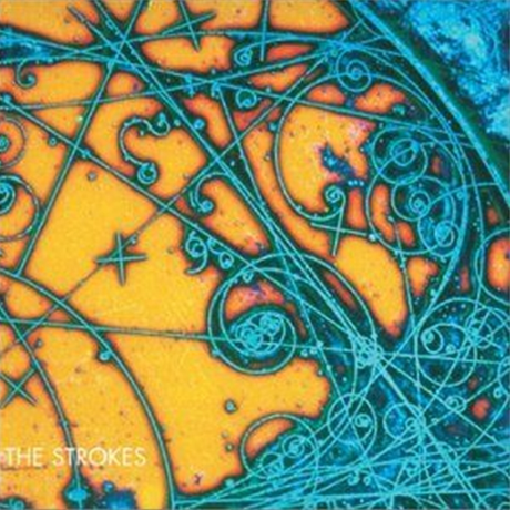 This image features the album cover for "Is This It" by The Strokes. The cover art is striking with its vibrant, psychedelic design, showcasing a complex pattern of intertwined lines and shapes in shades of blue, orange, and gray.