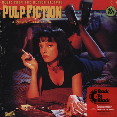 Cover of the 'Pulp Fiction' original motion picture soundtrack LP featuring an image of a woman lying down, smoking a cigarette, with a red and black aesthetic.