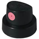 A black spray paint cap with a pink dot for spraying wide lines. 