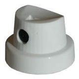 A white female cap with black dot for spraying thin lines. 