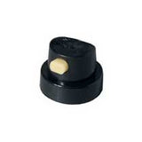 Black spray paint cap with extended flat white valve for spraying calligraphy style lettering.
