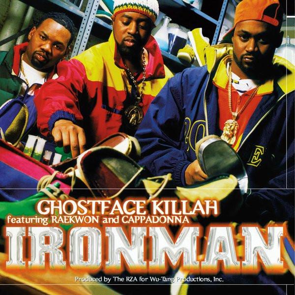 Album cover for Ghostface Killah featuring images of the artist with his bandmates in colorful attire, surrounded by various footwear which includes a pair of sneakers that reads 'IRON MAN'.