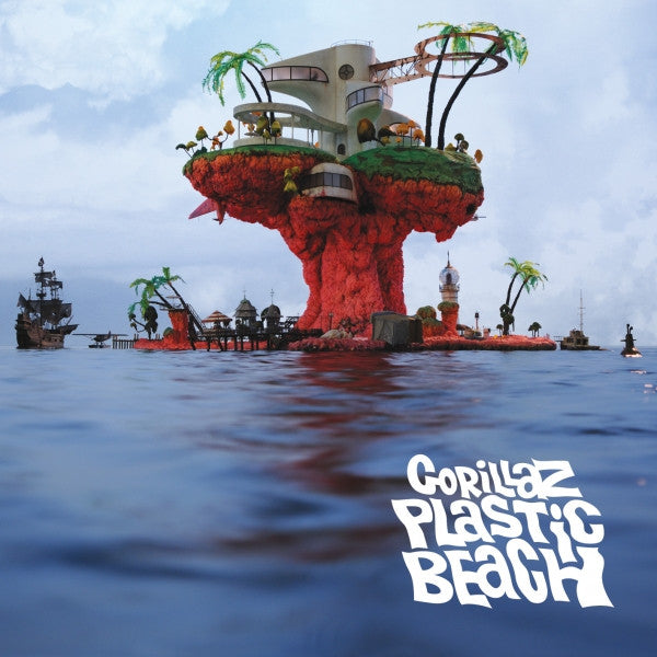 Album cover art for Gorillaz - Plastic Beach 2LP featuring a stylized, colorful floating city in a serene water setting with the band's logo.