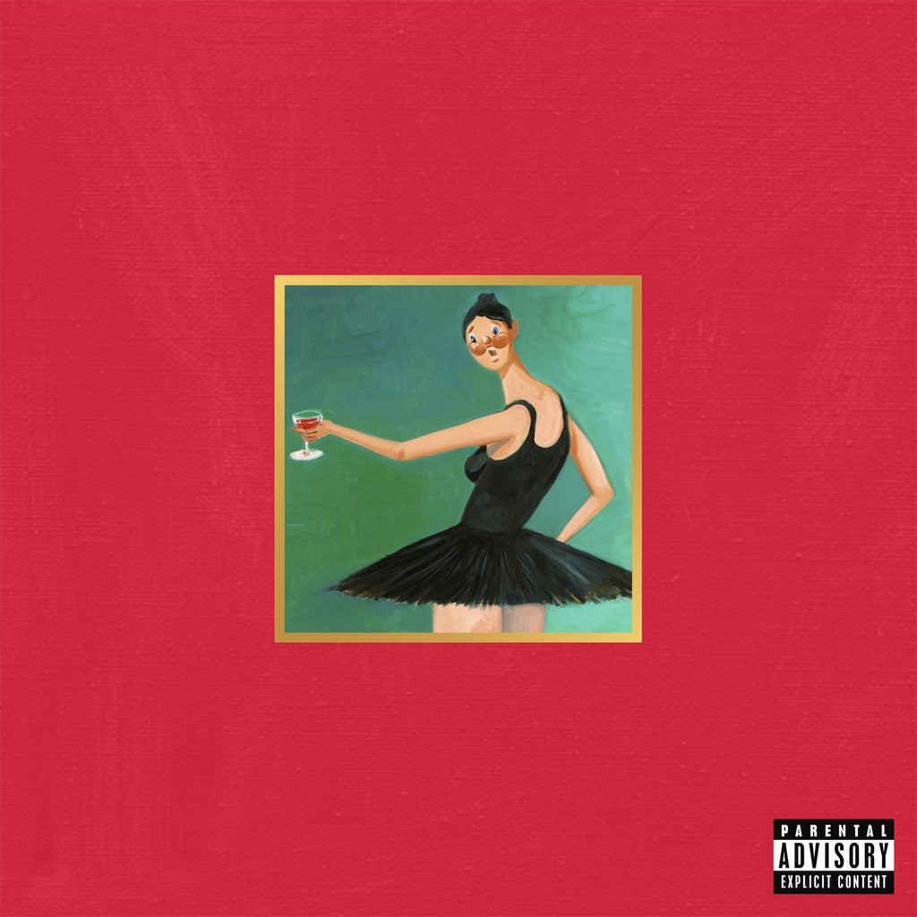 A red album cover featuring an illustration of a person in a black ballet outfit holding a drink, with a gold frame around the figure.
