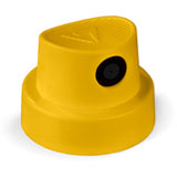 A yellow fat cap for a spray paint can, designed for covering large areas in graffiti art.