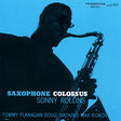 Cover of the LP album 'Saxophone Colossus' by Sonny Rollins featuring a silhouette of a saxophone player against a blue background with the Prestige label at the top.